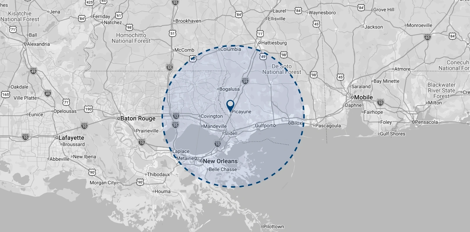 Service area map showing Mississippi Gulf Coast coverage